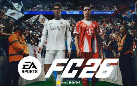 Dwóch piłkarzy w strojach Realu Madryt i Bayernu Monachium na tle trybun pełnych kibiców. Wielkie logo FC 26 sugeruje, kiedy nowa FIFA.