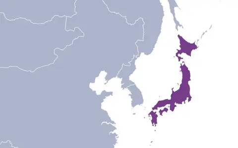 Karte von Japan in Lila auf weißem Hintergrund, mit angrenzenden asiatischen Ländern in Grau.
