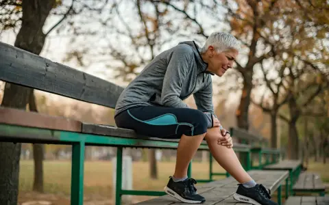 Kvinna med benhinneinflammation utsida sitter på en bänk och håller sig om smärtande underbenet.