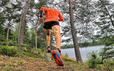 En löpare i orange tröja och svarta shorts springer längs en sjö i skogen. En del av the run Uppsala.
