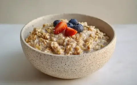 En skål med overnight oats, toppad med färska jordgubbar och blåbär. En perfekt start på dagen!