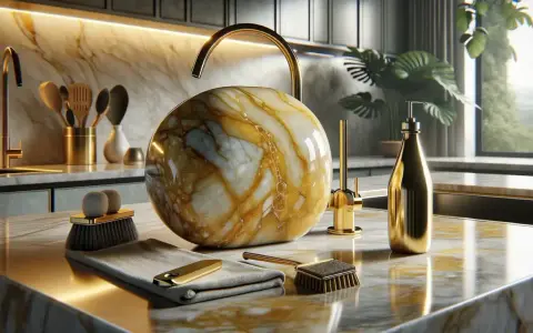Un lavabo esférico de mármol veteado en oro y blanco, junto a un grifo dorado y accesorios para pulir mármol.