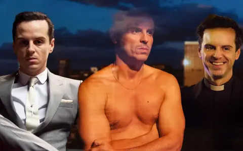 Andrew Scott i tre roller: i kostym, barbröstad och som präst. En hyllning till hans filmer och tv-program.
