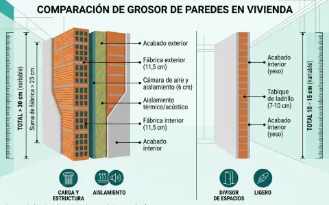 Comparación de grosores de paredes. Muestra una pared con fábrica exterior e interior de ladrillo, aislamiento y cámara de aire.