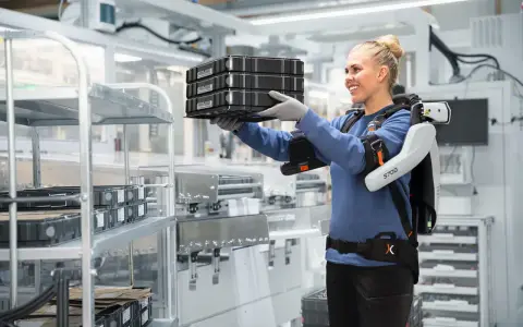 Une femme souriante porte des boîtes, aidée par un exosquelette, illustrant la définition de l'exosquelette comme aide à la manutention.