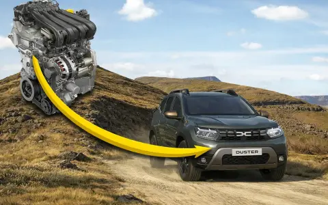 Silnik Dacia Duster 2 na tle górskiego krajobrazu. Żółta strzałka symbolizuje moc i dynamikę.