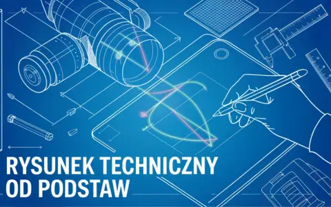 Rysunek techniczny od podstaw: dłoń kreśli linie na planie, obok części mechaniczne i narzędzia pomiarowe.