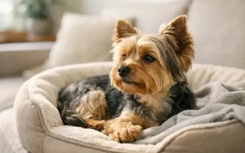 Uroczy yorkshire terrier w swoim legowisku. Zastanawiasz się, ile kosztuje york?