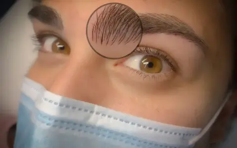 Gros plan sur un œil et un sourcil, avec un zoom sur une fine cicatrice au sourcil, cachée par quelques poils.