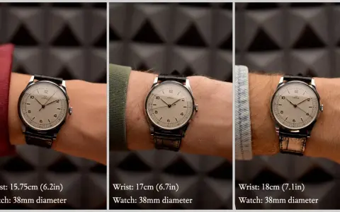 Tre polsi di diverse dimensioni (15.75, 17, 18 cm) con lo stesso orologio da 38mm. Utile per capire come si misura la cassa di un orologio.