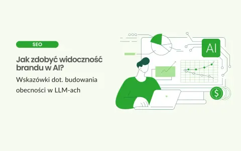 Grafika ilustruje budowanie widoczności marki w AI. W tle wykresy i ikona AI. Nie ma tu nic o zespole Treacher Collins.