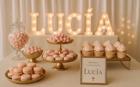 Detalles de gominolas para comunión de Lucía: macarons, almendras y cupcakes rosas. Letras luminosas con su nombre.