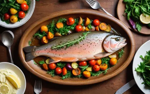 Hel, vacker fisk i ugn, dekorerad med örter och serverad med rostade tomater och potatis. En festlig måltid!