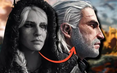 Ciri y Geralt, ¿preparando el camino para The Witcher 4? Un vistazo a sus rostros, uno en blanco y negro, el otro con un paisaje épico de fondo.