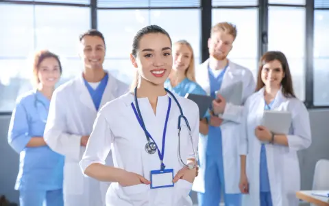 Uśmiechnięty zespół medyczny, przyszli lekarze z Akademii Śląskiej, gotowi do pracy.