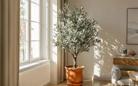 Un bel olivier en intérieur, baigné de lumière naturelle près d'une fenêtre. Ses feuilles argentées projettent des ombres dansantes sur le mur.