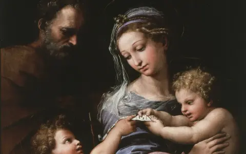 La Vierge à l'Enfant de Raphaël, avec Saint Joseph en arrière-plan. La Vierge lit un texte à l'Enfant Jésus.
