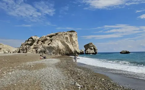 Skała Afrodyty na Cyprze, z turkusowym morzem i kamienistą plażą. Ludzie odpoczywają i spacerują.