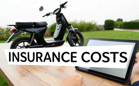 Czarny skuter elektryczny na tle zieleni. Na tablecie napis "INSURANCE COSTS". Sprawdź ubezpieczenie skutera elektrycznego.