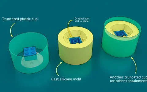 A DIY resin mold process: a LEGO brick is placed in a cup, then a silicone mold is cast around it, and finally, the mold is placed in another cup for containment.