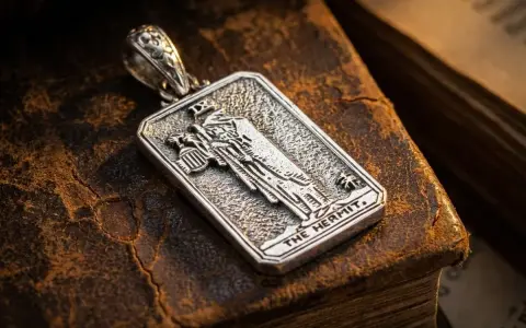 Srebrny wisiorek z motywem pustelnika tarot, leżący na starych księgach.