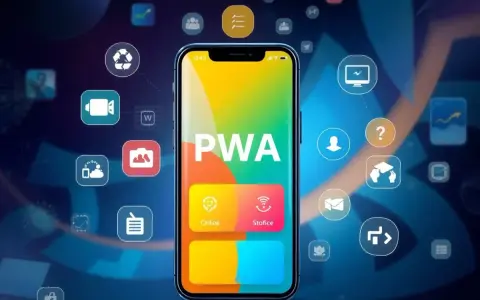 Telefon z napisem PWA, otoczony ikonami symbolizującymi różne funkcje aplikacji webowych.