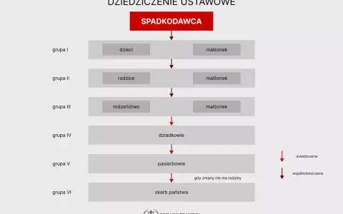 Schemat dziedziczenie ustawowe: spadkodawca, dzieci, małżonek, rodzice, rodzeństwo, dziadkowie, pasierbowie, skarb państwa.