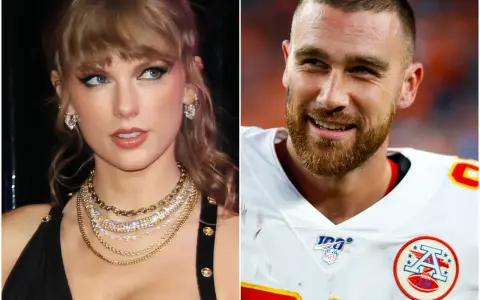 Taylor Swift e Travis Kelce, il suo futuro marito, sorridono in questa immagine divisa.