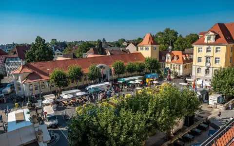 Buntes Treiben auf dem Marktplatz der Herford Innenstadt. Stände, Menschen und Sonnenschein beleben das Bild.
