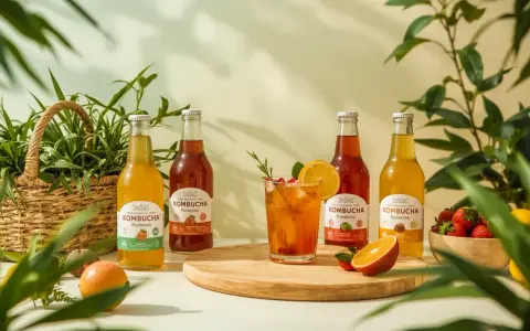 Butelki kombuchy i szklanka z napojem, otoczone owocami i zielenią. Odkryj kombucha właściwości dla zdrowia.