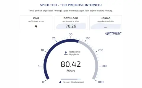 Wynik testu prędkości internetu: ping 4 ms, pobieranie 78.26 Mb/s, wysyłanie 80.42 Mb/s.