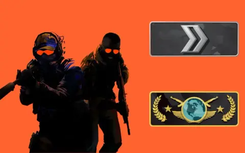 Dwóch graczy CS:GO z bronią, obok nich ikony rang: Srebrny II i Global Elite.