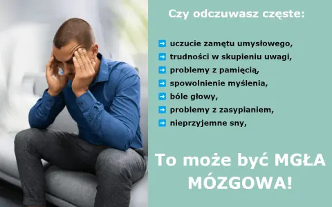 Mężczyzna z rękami na skroniach, cierpiący na mgłę mózgową, doświadcza zamętu, problemów z pamięcią i koncentracją.