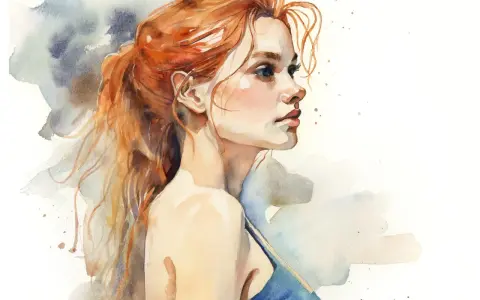 Composition aquarelle d'une jeune femme aux cheveux roux, regardant de profil, avec des touches de bleu et de gris en arrière-plan.