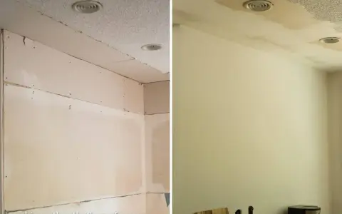 Before and after images show how to finish drywall, transforming a rough, unfinished wall into a smooth, painted surface.