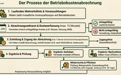 Flussdiagramm erklärt den Prozess der Betriebskostenabrechnung, damit Mieter ihre Abrechnung verstehen. Es zeigt Schritte von Vorauszahlungen bis zum Ergebnis.