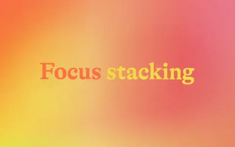 Napis "Focus stacking" na tle gradientu od pomarańczowego do różowego. Technika ta pozwala uzyskać ostrość na całym zdjęciu.