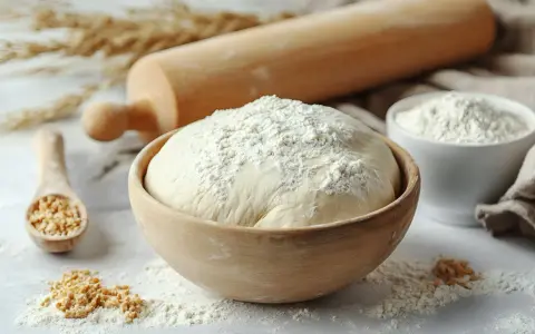 Ciasto na pyszną pizzę bezglutenową rośnie w drewnianej misce, obok wałka i mąki.