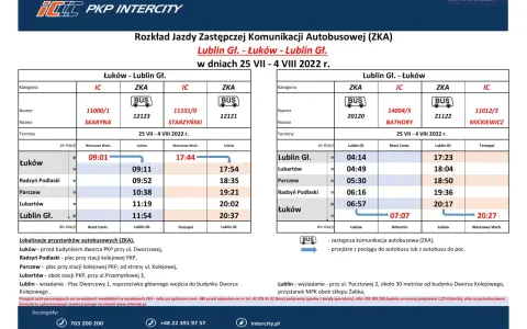 Rozkład jazdy zastępczej komunikacji autobusowej między Lublinem a Łukowem, z informacjami o pociągach PKP Intercity.