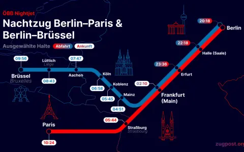 Nachtzug Berlin-Paris & Berlin-Brüssel. Die Karte zeigt die Routen und Abfahrtszeiten des ÖBB Nightjet, ein beliebtes nj train germany.