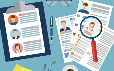 Curriculum vitae e profili di candidati, con una lente d'ingrandimento che esamina i requisiti per uno studente lavoratore.