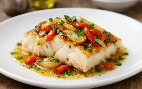 Bacalao con verduras, un plato principal jugoso y lleno de sabor, con trozos de pimiento rojo y cebolla salteados, adornado con perejil fresco.