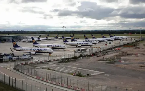 Wiele samolotów Ryanair na płycie lotniska, gotowych do lotów Gdańsk-Newcastle.