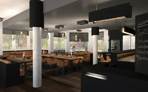Modernes Fischrestaurant in Berlin mit Holzböden, braunen Ledersitzen und großen Fenstern.