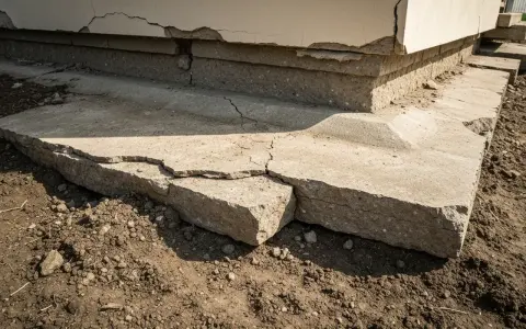Popękane betonowe fundamenty domu, widoczne uszkodzenia i nierówności.