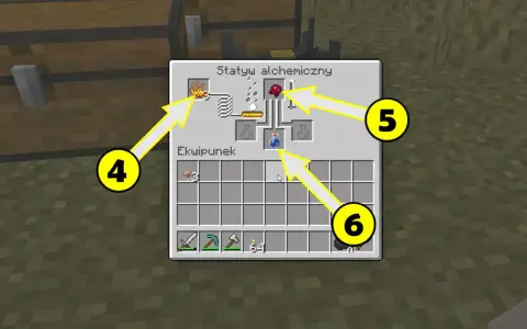 Tworzenie mikstury słabości w Minecraft. Na ekranie widać interfejs stacji alchemicznej z zaznaczonymi składnikami i gotowym eliksirem.
