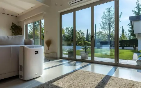 Climatiseur mobile 80m2 blanc, discret près d'un canapé, dans un salon lumineux avec vue sur jardin.