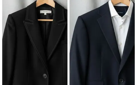 Czarny żakiet z ozdobnym szwem i granatowa marynarka z białą koszulą. Dwa eleganckie okrycia wierzchnie.
