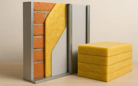 Sección de muro con ladrillos, aislamiento amarillo y panel gris. Bloques de aislamiento apilados, prometiendo un **cristal silence** en el hogar.
