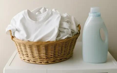 Cesta de ropa blanca lista para lavar. Detergente al lado, ideal para saber como lavar lino y mantenerlo impecable.